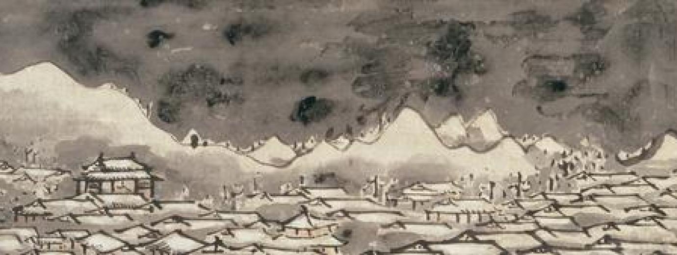 紙本墨画淡彩夜色楼台図